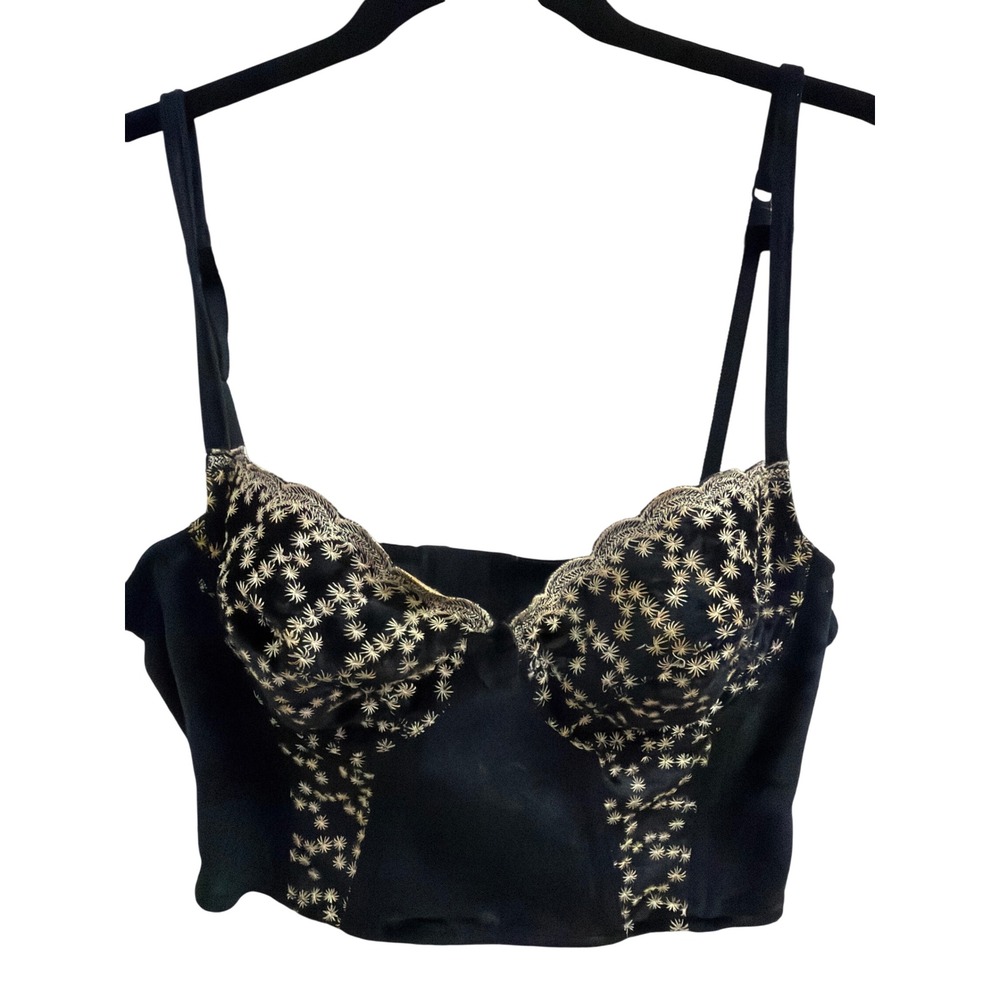 Vintage Huit France Black Velour‎ Embroidered Bustier Bra Top 36B Gold Floral